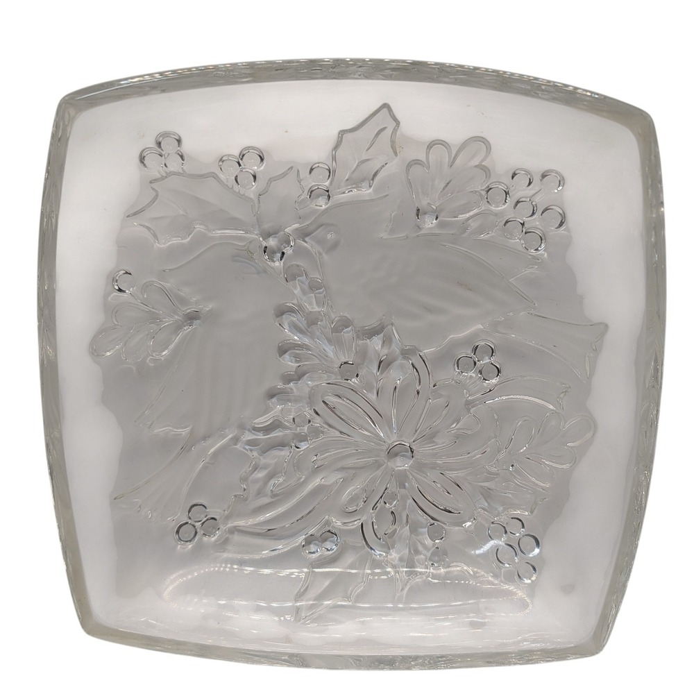 Vintage Gorham Crystal Square Bowl Dish‎ Etched Cardinals Christmas Holly Ribbon